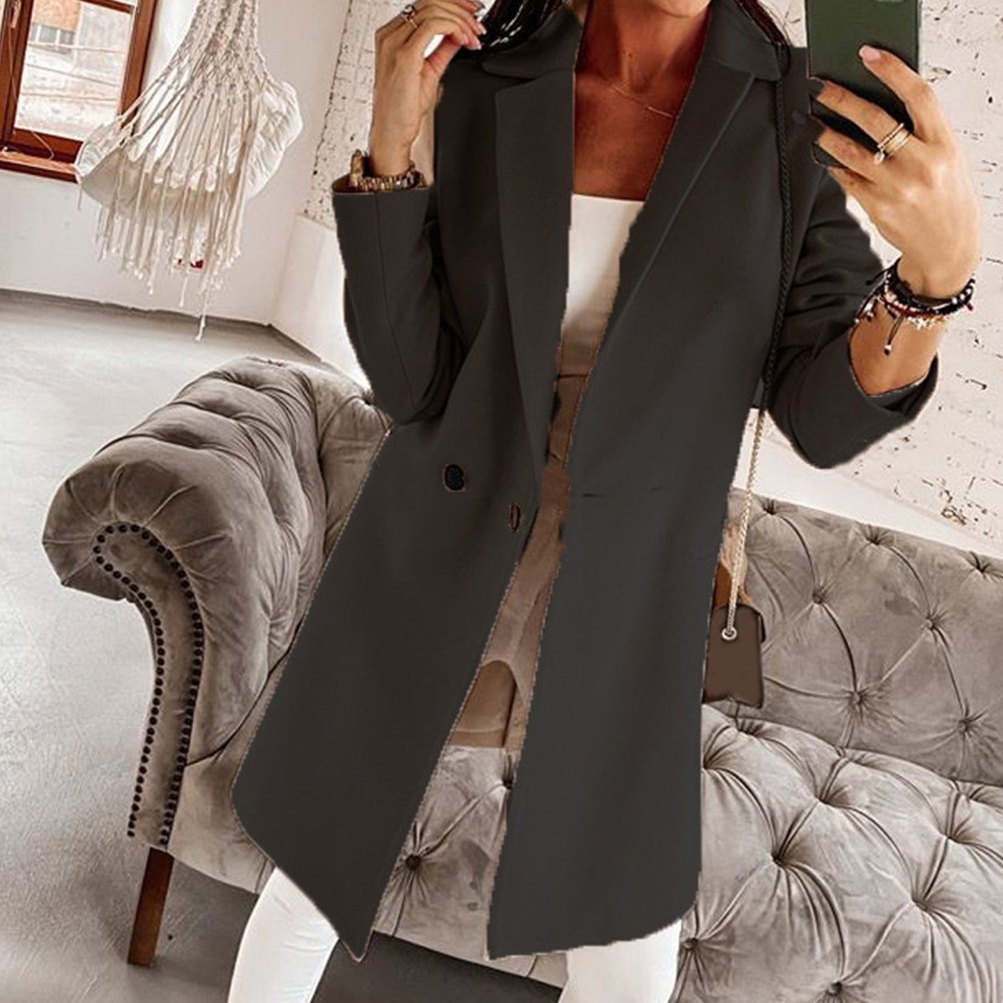 Ladies Suit Collar Long Sleeve Button Coat