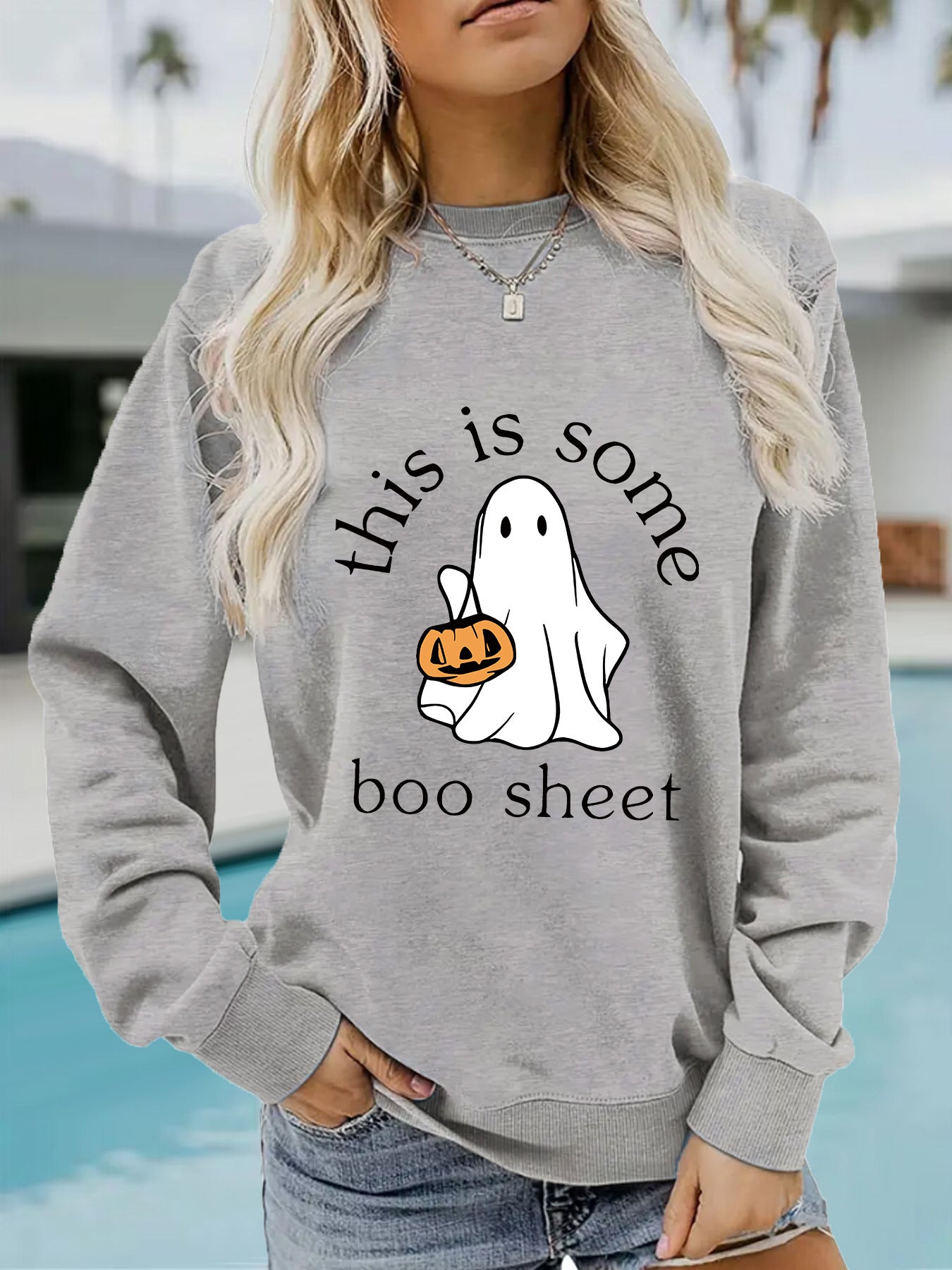 Casual Long Sleeve Round Neck Halloween Printed Pullover Sweater Sweatshirt