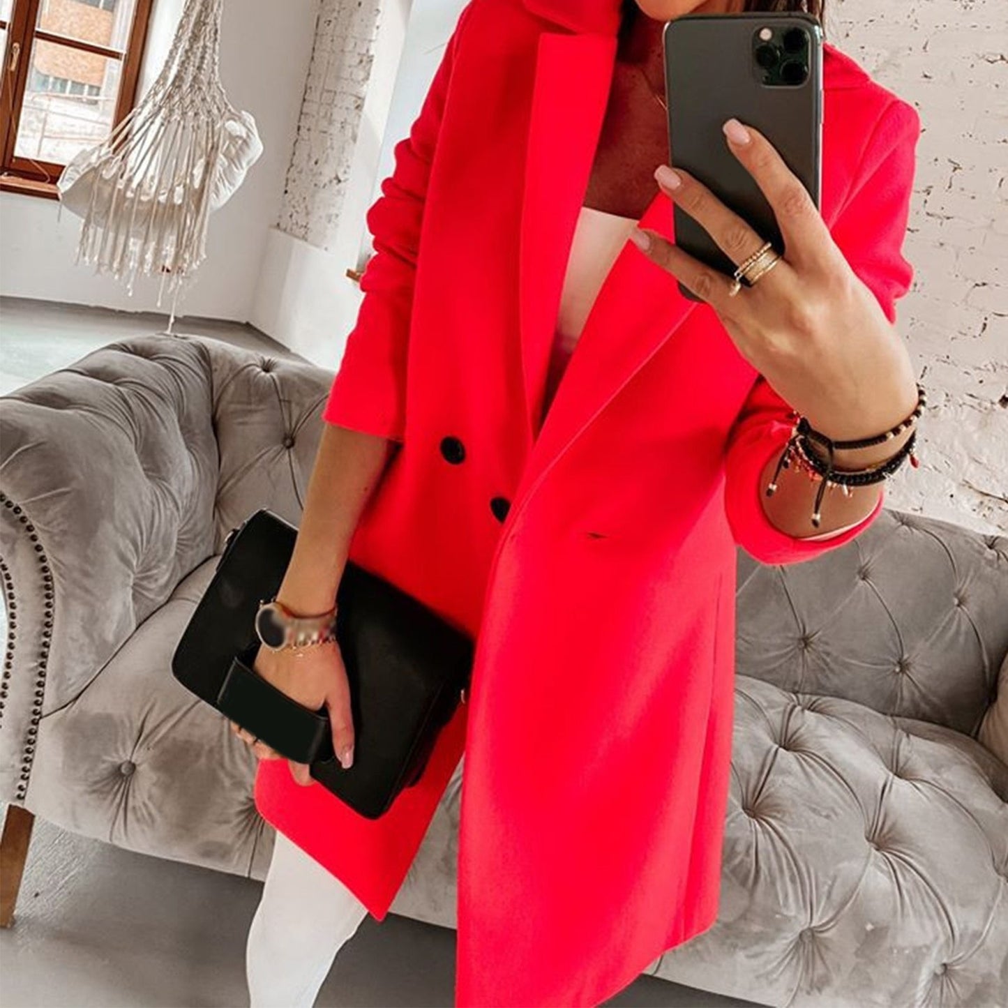 Ladies Suit Collar Long Sleeve Button Coat