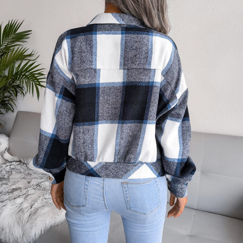 Plaid Lapel Cropped Jacket Fashion Loose Button Long Sleeve Short Outwear Tops Coat For Womens Clothing