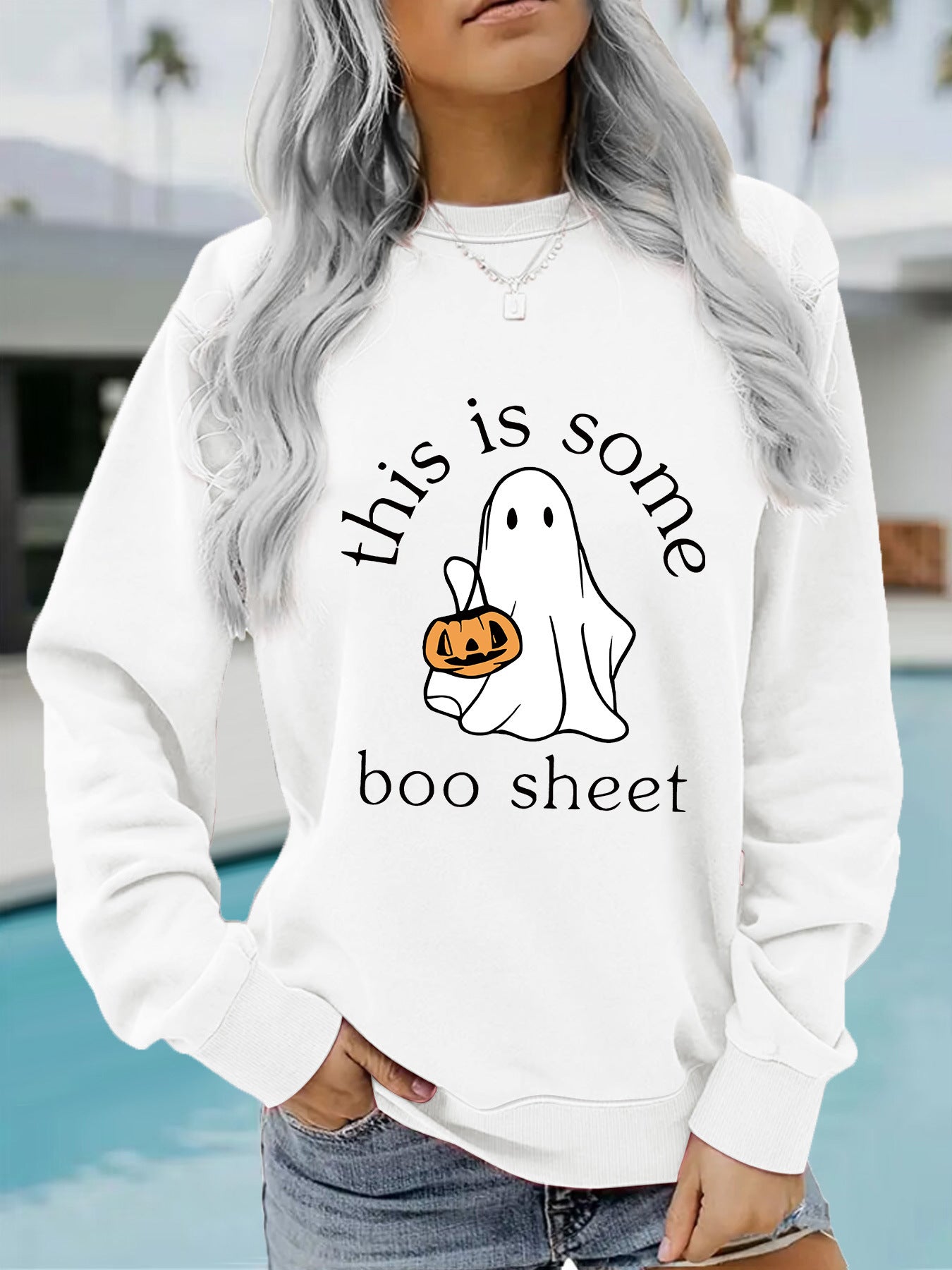 Casual Long Sleeve Round Neck Halloween Printed Pullover Sweater Sweatshirt